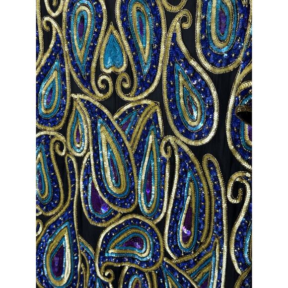 Vintage 80s Silk Beaded Sequin Dress Black Gold Blue Paisley Cocktail Party 2X - Picture 3 of 14